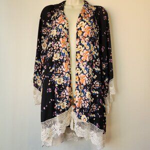 Umgee Cardigan M/L Boho Floral Open Front Kimono Slv Flowy Lace Crochet Trim